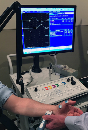 Set up for Carpal Tunnel Syndrome electrophysiological testing.